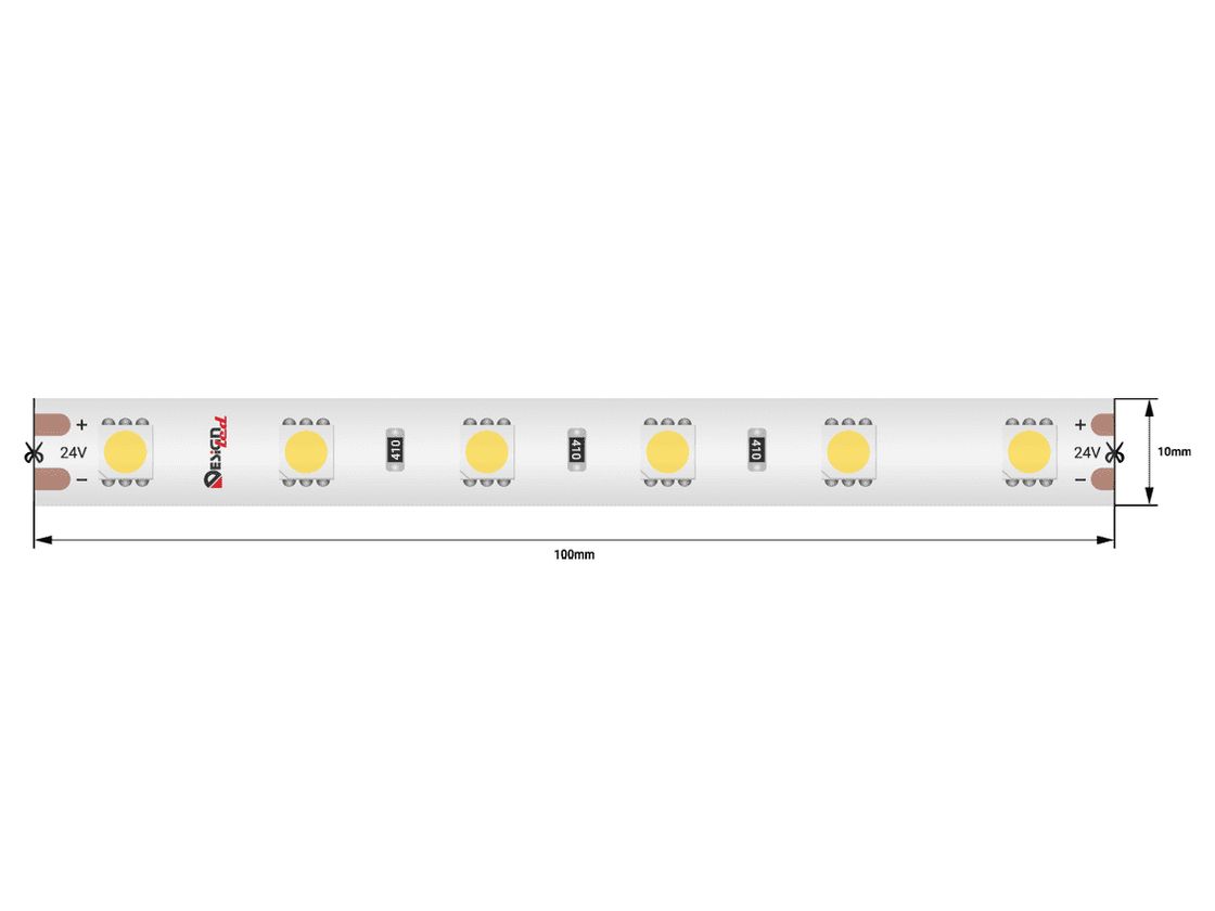 Kontakt maydonchalari bilan 24V LED lenta bo‘lagi