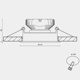 COMBO ichki o‘rnatiladigan korpus chizmasi: o‘lchamlar va 105 mm montaj teshigi