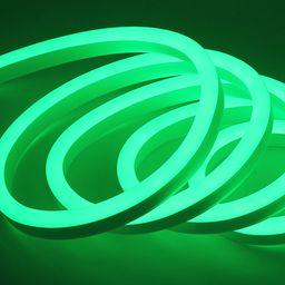 Yashil SWG neon lentasi — yorug‘lik taratib turgan o‘rama fonida