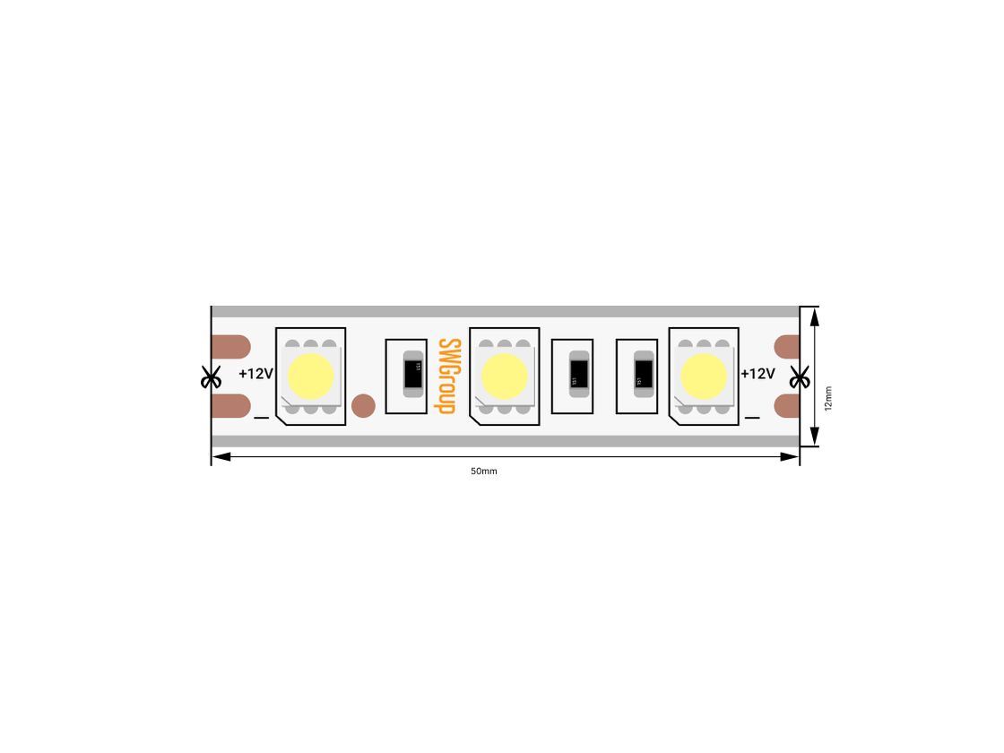 +12V belgilanishi va kontaktlari ko‘rinib turgan LED lenta bo‘lagi
